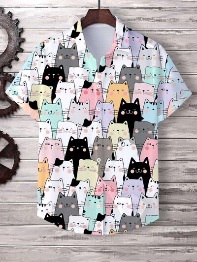 Havajų vyriški marškinėliai Mieli animaciniai katės 3D spausdinti viršūnės Laisvalaikiai moteriški trumpomis rankovėmis marškiniai sagos atvartas Didelio dydžio unisex drabužiai