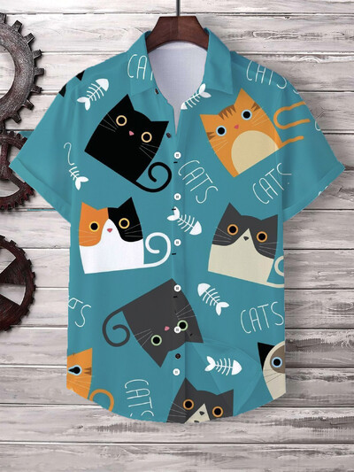 Havajų vyriški marškinėliai Mieli animaciniai katės 3D spausdinti viršūnės Laisvalaikiai moteriški trumpomis rankovėmis marškiniai sagos atvartas Didelio dydžio unisex drabužiai