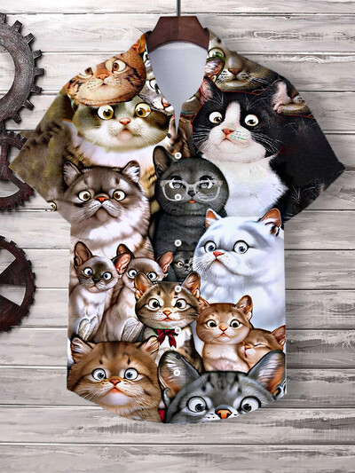 Havajų vyriški marškinėliai Mieli animaciniai katės 3D spausdinti viršūnės Laisvalaikiai moteriški trumpomis rankovėmis marškiniai sagos atvartas Didelio dydžio unisex drabužiai