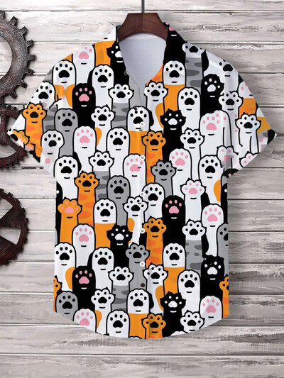 Havajų vyriški marškinėliai Mieli animaciniai katės 3D spausdinti viršūnės Laisvalaikiai moteriški trumpomis rankovėmis marškiniai sagos atvartas Didelio dydžio unisex drabužiai