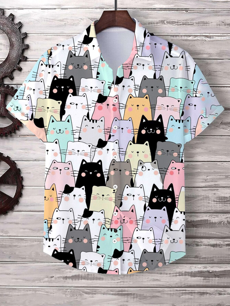 Havajų vyriški marškinėliai Mieli animaciniai katės 3D spausdinti viršūnės Laisvalaikiai moteriški trumpomis rankovėmis marškiniai sagos atvartas Didelio dydžio unisex drabužiai