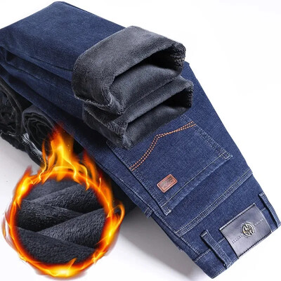 Žieminiai vyriški šilti pliušiniai verslo džinsai Laisvalaikio patogūs vilnoniai ploni tamprios kelnės Vintažinės vyriškos storos elastinės džinsinės kelnės