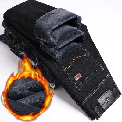 Žieminiai vyriški šilti pliušiniai verslo džinsai Laisvalaikio patogūs vilnoniai ploni tamprios kelnės Vintažinės vyriškos storos elastinės džinsinės kelnės