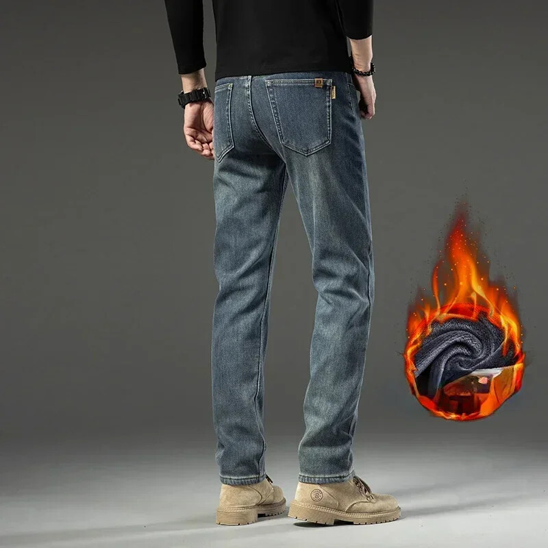 2025 m. Nauja žiemos vilnos šilti džinsai, stori tiesūs, ploni, elastingi, madingi, kasdieniai džinsai.