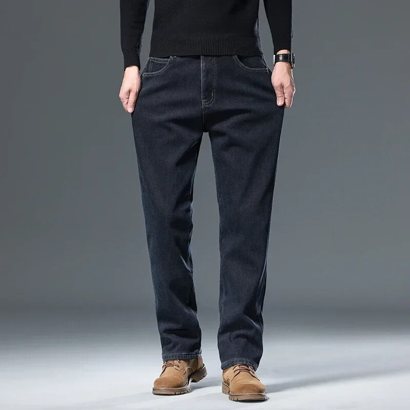 Žieminiai korėjietiški šukuoti džinsai, skirti vyriškoms pastorintoms šiltoms elastingoms plonoms, patogioms tiesioms džinsinėms kelnėms