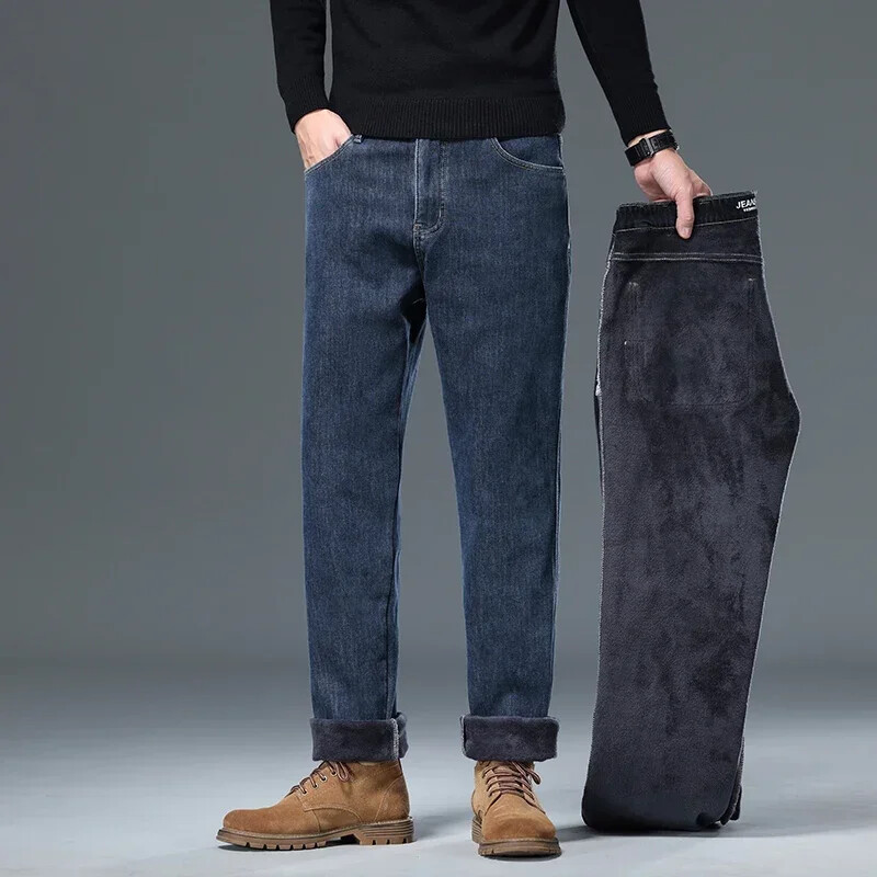 Žieminiai korėjietiški šukuoti džinsai, skirti vyriškoms pastorintoms šiltoms elastingoms plonoms, patogioms tiesioms džinsinėms kelnėms