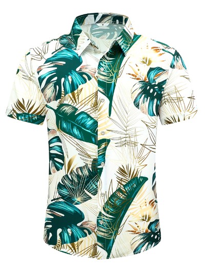 Vyriški atogrąžų havajietiški marškiniai su ryškiu paparčio ir palmės lapų raštu, laisvalaikio saga trumpomis rankovėmis