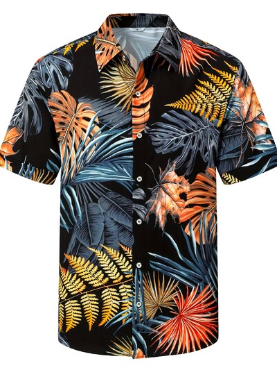 Vyriški atogrąžų havajietiški marškiniai su ryškiu paparčio ir palmės lapų raštu, laisvalaikio saga trumpomis rankovėmis