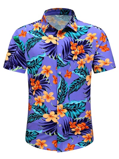 Vyriški atogrąžų havajietiški marškiniai su ryškiu paparčio ir palmės lapų raštu, laisvalaikio saga trumpomis rankovėmis