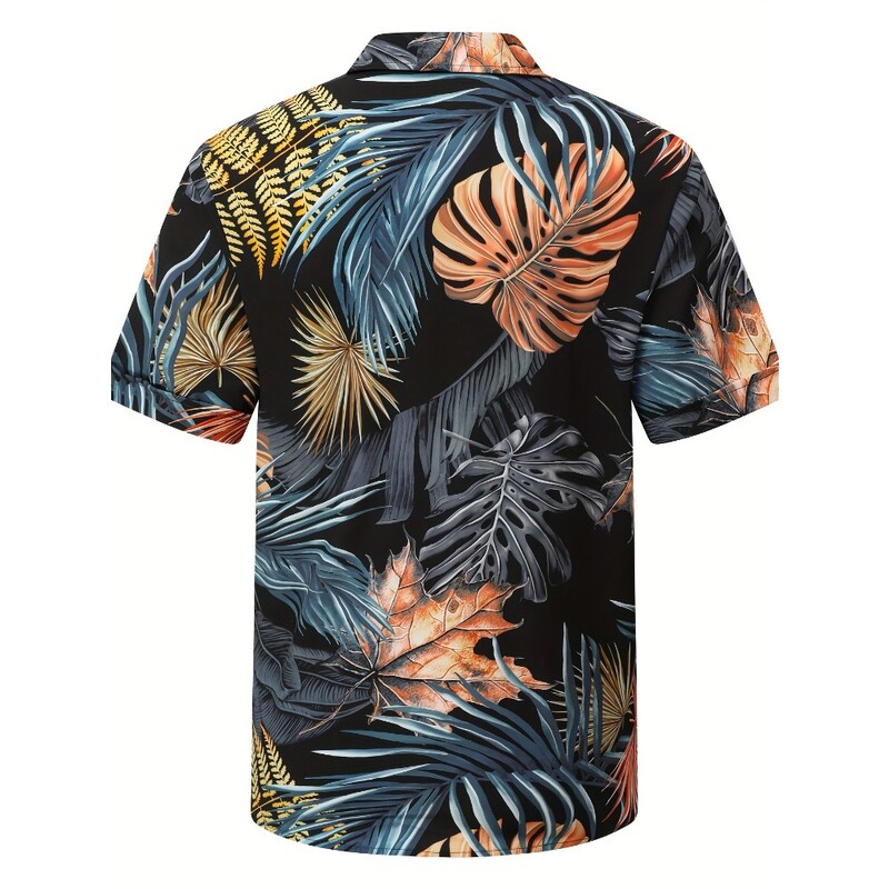 Vyriški atogrąžų havajietiški marškiniai su ryškiu paparčio ir palmės lapų raštu, laisvalaikio saga trumpomis rankovėmis