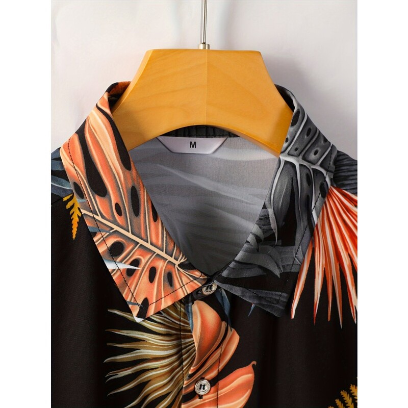 Vyriški atogrąžų havajietiški marškiniai su ryškiu paparčio ir palmės lapų raštu, laisvalaikio saga trumpomis rankovėmis