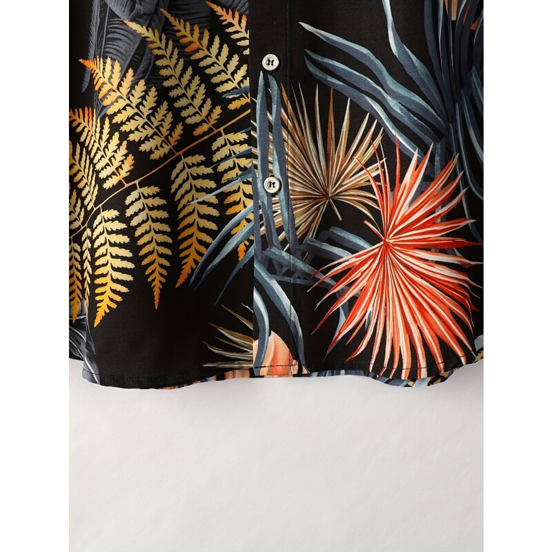 Vyriški atogrąžų havajietiški marškiniai su ryškiu paparčio ir palmės lapų raštu, laisvalaikio saga trumpomis rankovėmis