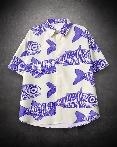 2025 m. Nauji Street Explosion Fashion Fish 3D spausdinimas Nauji suasmeninti vyriški vasariniai laisvalaikio marškiniai, baltiniai