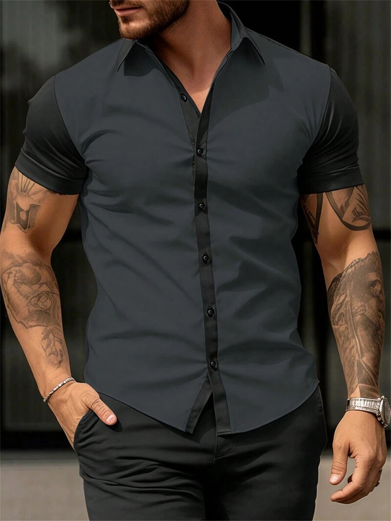 Vasaros mados vyriški marškiniai su dvispalviu atvartu Vyriški viršutiniai drabužiai, kasdieniai dideli, patogūs vyriški marškiniai trumpomis rankovėmis