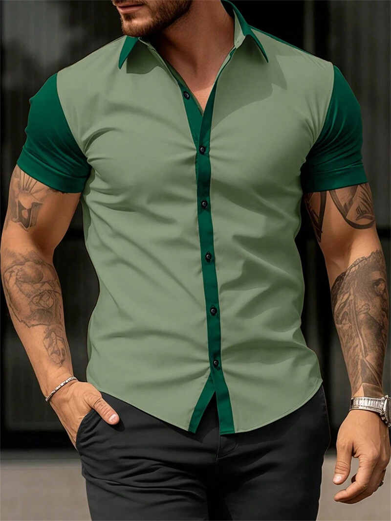 Vasaros mados vyriški marškiniai su dvispalviu atvartu Vyriški viršutiniai drabužiai, kasdieniai dideli, patogūs vyriški marškiniai trumpomis rankovėmis