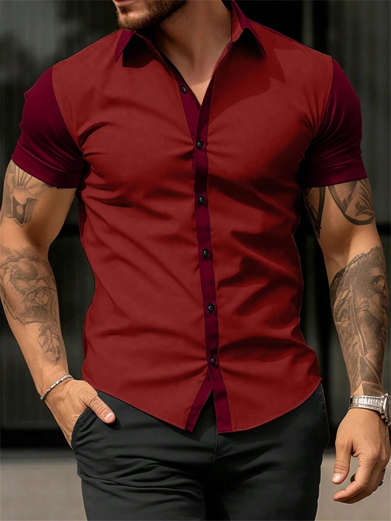 Vasaros mados vyriški marškiniai su dvispalviu atvartu Vyriški viršutiniai drabužiai, kasdieniai dideli, patogūs vyriški marškiniai trumpomis rankovėmis