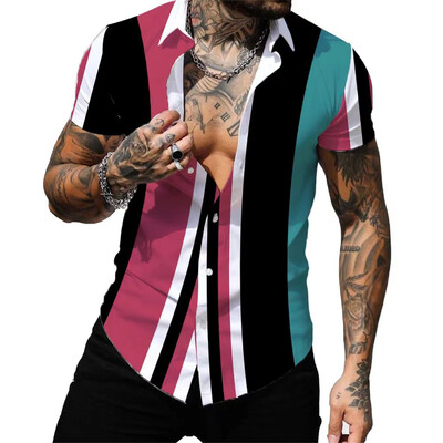 Triibuline värviline särk Moodne vabaaja disainer tänavapidu Meeste kvaliteetne nööbiga T-särk lühikeste varrukatega 2023