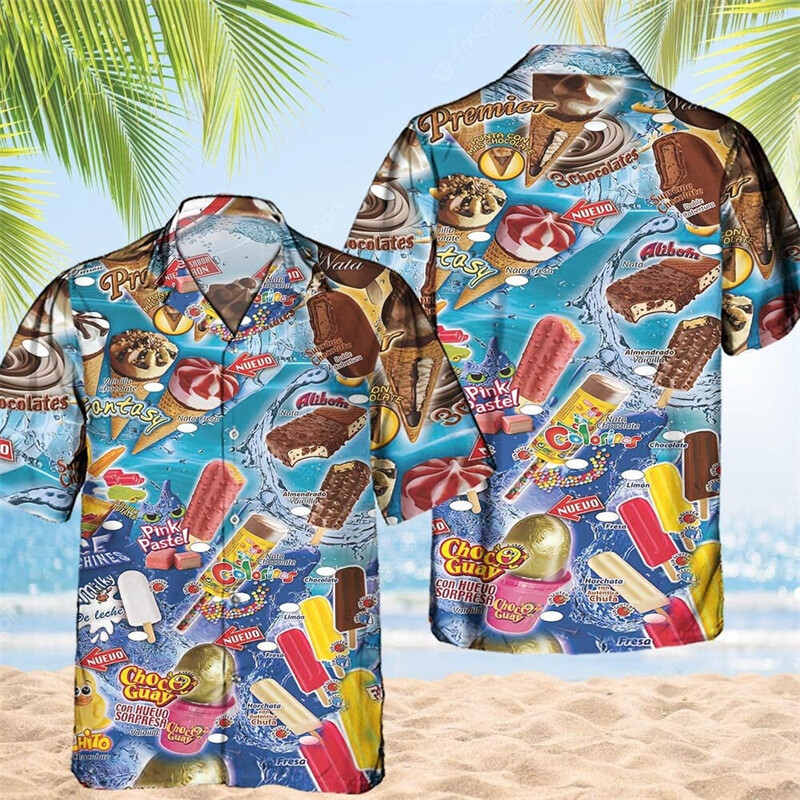 Vintage 80ndate 90ndate rõivad 3D-print Trendikas lahe mood jäätisesärgid Beach Party Topid Lühikeste varrukatega suvised meeste särgid Meeste topp