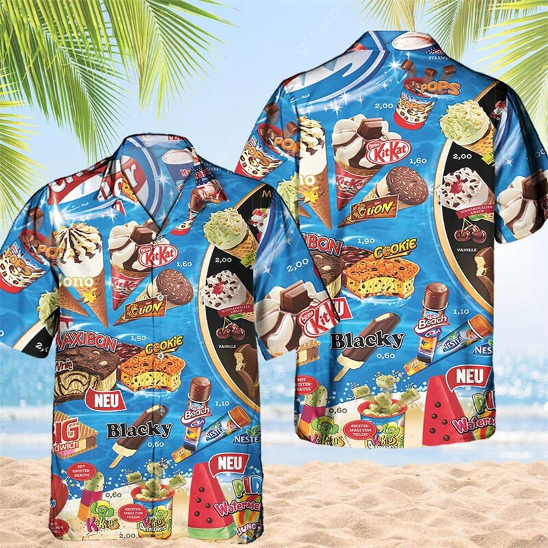 Vintage 80ndate 90ndate rõivad 3D-print Trendikas lahe mood jäätisesärgid Beach Party Topid Lühikeste varrukatega suvised meeste särgid Meeste topp