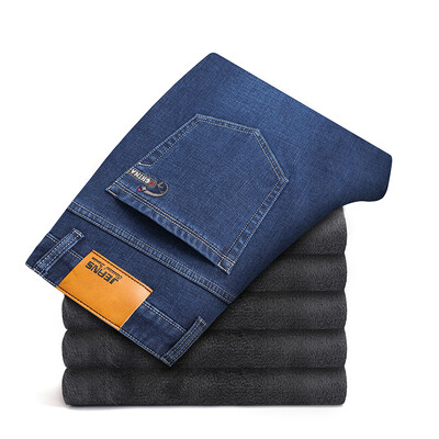 Плюс размер 42 44 46 Зимни поларени мъжки ежедневни дънки Еластични модни памучни дебели плюшени топли дънкови панталони Мъжки маркови панталони