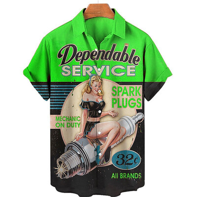 Vintage süüteküünla graafilised särgid meestele Mood suvised lühikeste varrukatega nööbiga 3D-prindiga mehaanikasärk, vaba vabaaja pluus