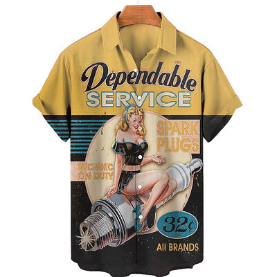 Vintage süüteküünla graafilised särgid meestele Mood suvised lühikeste varrukatega nööbiga 3D-prindiga mehaanikasärk, vaba vabaaja pluus