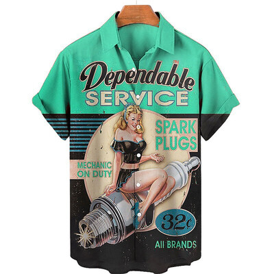 Vintage süüteküünla graafilised särgid meestele Mood suvised lühikeste varrukatega nööbiga 3D-prindiga mehaanikasärk, vaba vabaaja pluus