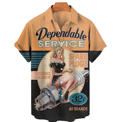 Vintage süüteküünla graafilised särgid meestele Mood suvised lühikeste varrukatega nööbiga 3D-prindiga mehaanikasärk, vaba vabaaja pluus