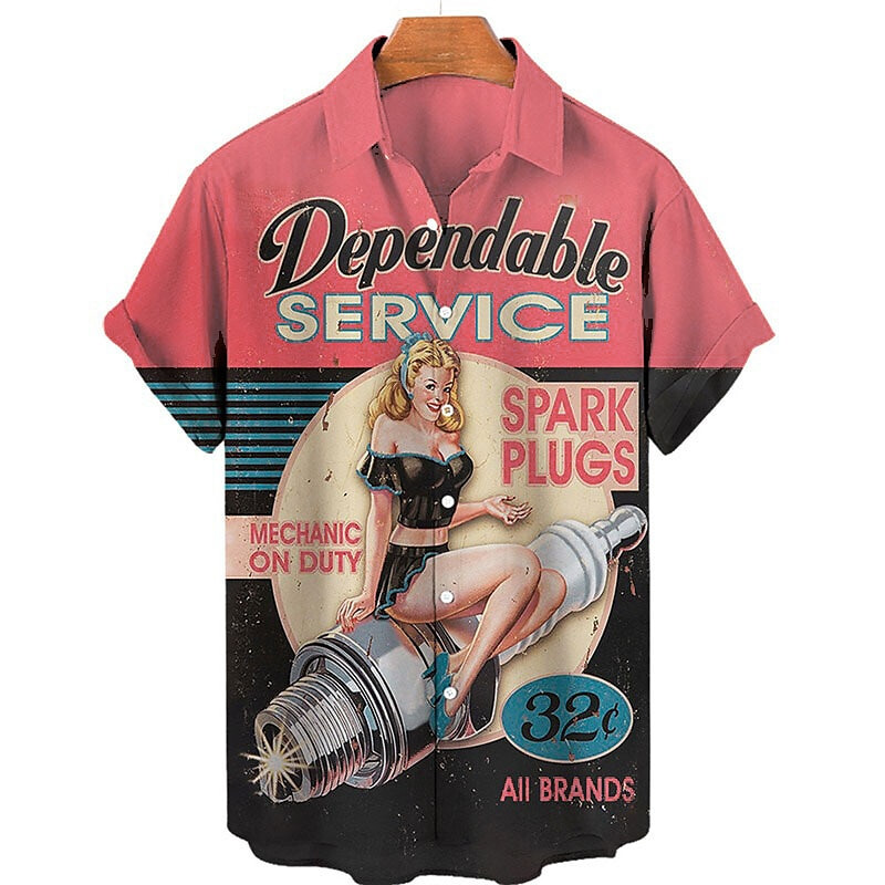 Vintage süüteküünla graafilised särgid meestele Mood suvised lühikeste varrukatega nööbiga 3D-prindiga mehaanikasärk, vaba vabaaja pluus