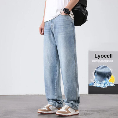 Vasariniai ploni lyocell vyriški džinsai, minkštas audinys Laisvas tiesus laisvalaikis džinsinės kelnės elastinės ledo šilko vyriškos aukštos kokybės kelnės