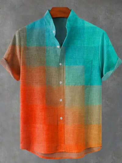 Paprasti lininiai vyriški dryžuoti marškiniai trumpomis rankovėmis su vintažine apykakle