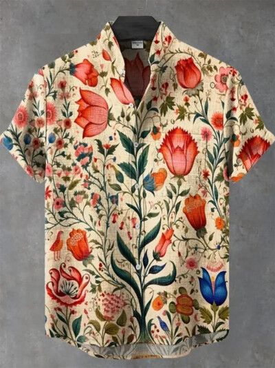 Paprasti lininiai vyriški dryžuoti marškiniai trumpomis rankovėmis su vintažine apykakle