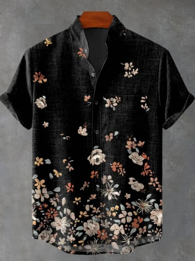 Paprasti lininiai vyriški dryžuoti marškiniai trumpomis rankovėmis su vintažine apykakle