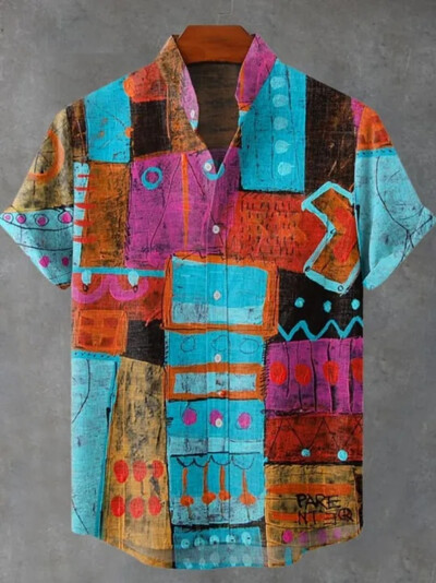 Paprasti lininiai vyriški dryžuoti marškiniai trumpomis rankovėmis su vintažine apykakle