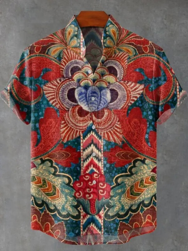 Paprasti lininiai vyriški dryžuoti marškiniai trumpomis rankovėmis su vintažine apykakle