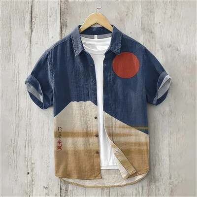 Meeste Jaapani tekstikunstiga 3D-printimine lühikeste varrukatega särk, kardigan, linane bambussõlm, puuvillane nööp, avar Hawaii särk