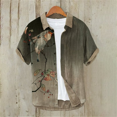 Meeste Jaapani tekstikunstiga 3D-printimine lühikeste varrukatega särk, kardigan, linane bambussõlm, puuvillane nööp, avar Hawaii särk