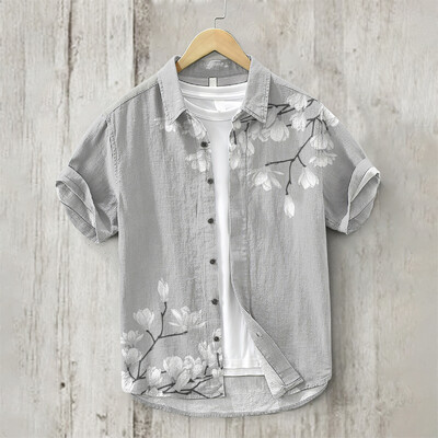 Meeste Jaapani tekstikunstiga 3D-printimine lühikeste varrukatega särk, kardigan, linane bambussõlm, puuvillane nööp, avar Hawaii särk