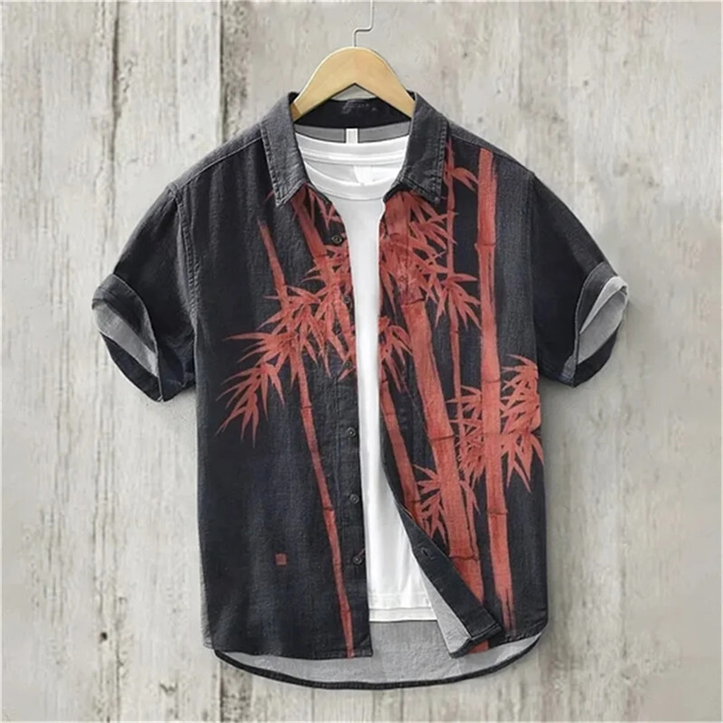 Meeste Jaapani tekstikunstiga 3D-printimine lühikeste varrukatega särk, kardigan, linane bambussõlm, puuvillane nööp, avar Hawaii särk