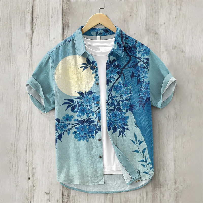 Meeste Jaapani tekstikunstiga 3D-printimine lühikeste varrukatega särk, kardigan, linane bambussõlm, puuvillane nööp, avar Hawaii särk