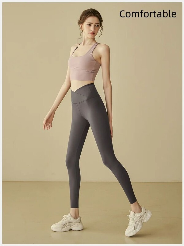 Kryžminio juosmens nuogas jogos kelnės moterims aukštu juosmeniu, pakeliančiu klubus, prigludusius bėgimo pratimus Sporto kelnės Ryklio kelnės Kelnės Sporto salė