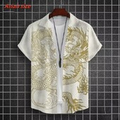 Lahe draakoni mustriga Hawaii särk meestele Hiina uusaasta 3D-prindiga lühikeste varrukatega topid vabaaja revääriga Aloha särgid lahtised pluusid