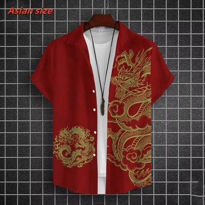 Lahe draakoni mustriga Hawaii särk meestele Hiina uusaasta 3D-prindiga lühikeste varrukatega topid vabaaja revääriga Aloha särgid lahtised pluusid