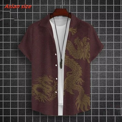 Lahe draakoni mustriga Hawaii särk meestele Hiina uusaasta 3D-prindiga lühikeste varrukatega topid vabaaja revääriga Aloha särgid lahtised pluusid