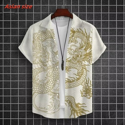 Lahe draakoni mustriga Hawaii särk meestele Hiina uusaasta 3D-prindiga lühikeste varrukatega topid vabaaja revääriga Aloha särgid lahtised pluusid