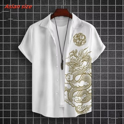 Lahe draakoni mustriga Hawaii särk meestele Hiina uusaasta 3D-prindiga lühikeste varrukatega topid vabaaja revääriga Aloha särgid lahtised pluusid