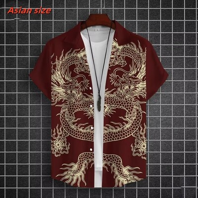 Lahe draakoni mustriga Hawaii särk meestele Hiina uusaasta 3D-prindiga lühikeste varrukatega topid vabaaja revääriga Aloha särgid lahtised pluusid