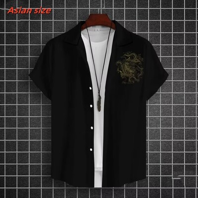 Lahe draakoni mustriga Hawaii särk meestele Hiina uusaasta 3D-prindiga lühikeste varrukatega topid vabaaja revääriga Aloha särgid lahtised pluusid