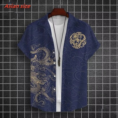 Lahe draakoni mustriga Hawaii särk meestele Hiina uusaasta 3D-prindiga lühikeste varrukatega topid vabaaja revääriga Aloha särgid lahtised pluusid