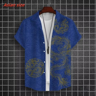 Lahe draakoni mustriga Hawaii särk meestele Hiina uusaasta 3D-prindiga lühikeste varrukatega topid vabaaja revääriga Aloha särgid lahtised pluusid